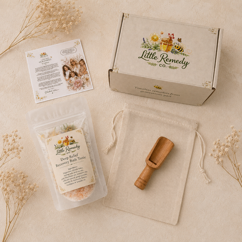 Little Remedy Co deep relief recovery bath tonic with packaging, bag, and wooden scoop on a beige background.