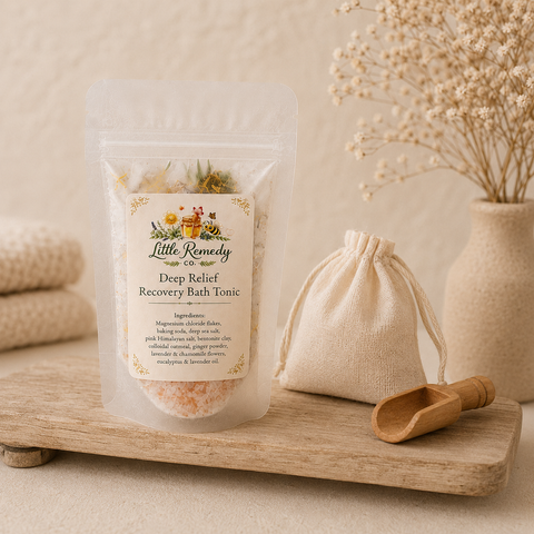 Packaged bath tonic with a label on a wooden surface, surrounded by decorative elements.