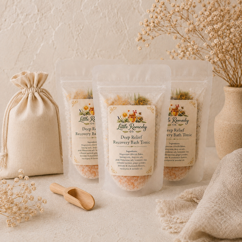 Three stand-up pouches of Little Remedy Deep Relief Recovery Bath Tonic are arranged on a light textured surface with a beige drawstring bag, wooden scoop, and dried floral decor in the background.