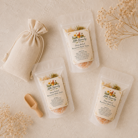 Three clear stand-up pouches of Little Remedy's Natural Deep Relief Bath Tonic are arranged on a light beige textured surface with a small beige drawstring pouch, a wooden scoop, and dried flowers as styling props.