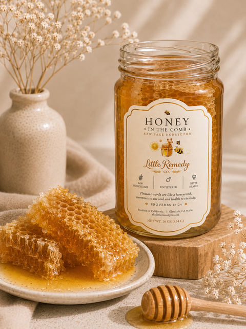 A glass jar of Little Remedy Honey by Frabetsco sits on a wooden block next to a plate of honeycomb and honey, with dried flowers and a ceramic vase in the background.
